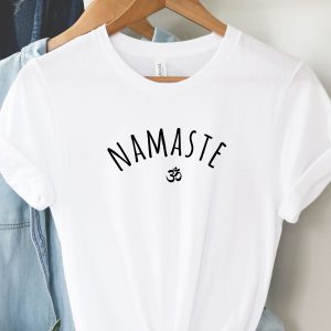 white tshirt with namaste print